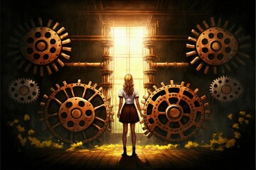 A young woman standing in front of large mechanical gears and cogs. Fantasy concept , Illustration painting. Generative AI