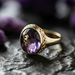 amethyst ring in yellow gold. Engagement ring with amethyst. a029# Created with generative AI.