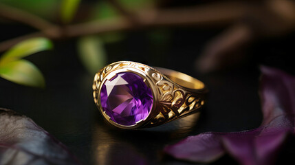 amethyst ring in yellow gold. Engagement ring with amethyst. a028# Created with generative AI.