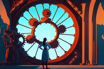 A young woman standing in front of large mechanical gears and cogs. Fantasy concept , Illustration painting. Generative AI