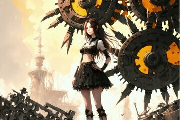 A young woman standing in front of large mechanical gears and cogs. Fantasy concept , Illustration painting. Generative AI