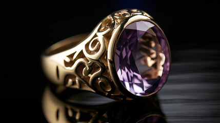 amethyst ring in yellow gold. Engagement ring with amethyst. a025# Created with generative AI.