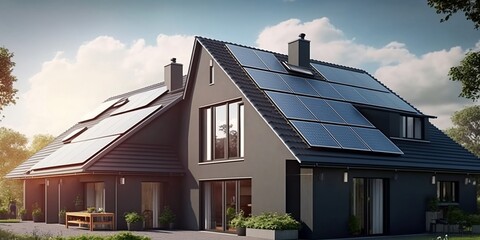 newly constructed homes with solar panels on the roof under a bright sky A close up of a brand new structure with dark solar panels. Solar panel, generative AI. - obrazy, fototapety, plakaty