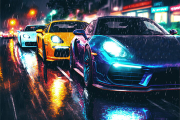 Night scene of city street with cars and colorful lights depicted in digital art. Fantasy concept , Illustration painting. Generative AI