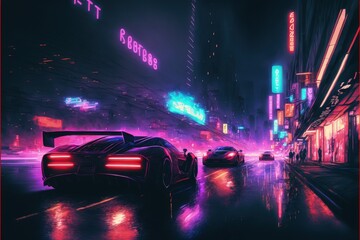 Fototapeta na wymiar Night scene of city street with cars and colorful lights depicted in digital art. Fantasy concept , Illustration painting. Generative AI