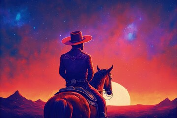 A cowboy riding a horse against a sunset sky with a background of planets.. Fantasy concept , Illustration painting. Generative AI