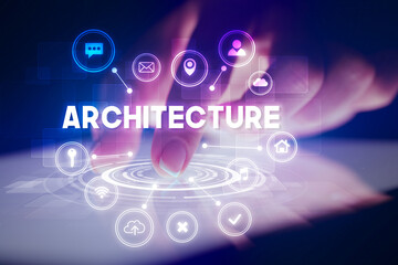 Finger touching tablet with web technology icons concept