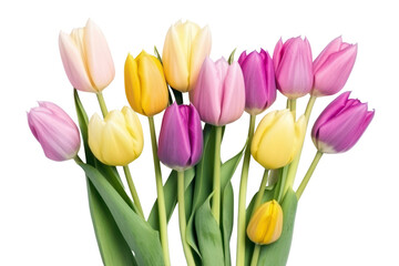 Naklejka premium Pastel color tulips bunch isolated on transparent background. Mothers day, Women' s day. PNG, Generative AI