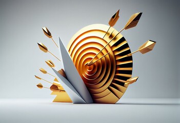 3D rendered golden arrow targets success on white background. Generative AI