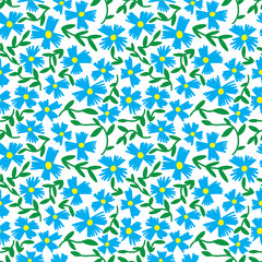 Vector corn flower seamless pattern. Mille fleur pattern with blue corn flowers. Textile with millefleur print