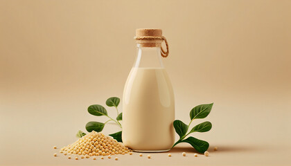 bottle of vegan milk with plant leaves on background with copy space  - obrazy, fototapety, plakaty
