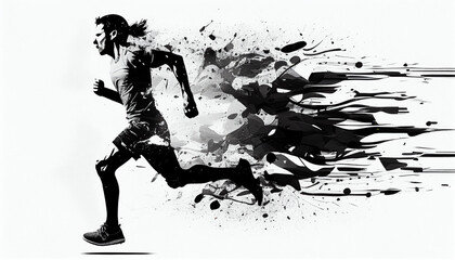 black silhouette of a running person on white background, AI Generated 