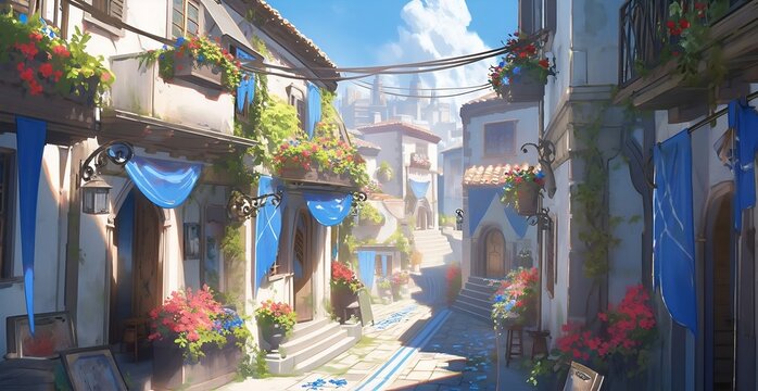 Fototapeta beautiful ancient greek coastal fantasy town, ancient greek architecture, animation style. generative AI