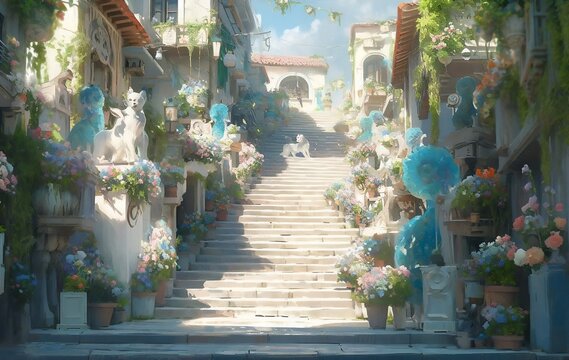 Fototapeta beautiful ancient greek coastal fantasy town, ancient greek architecture, animation style. generative AI