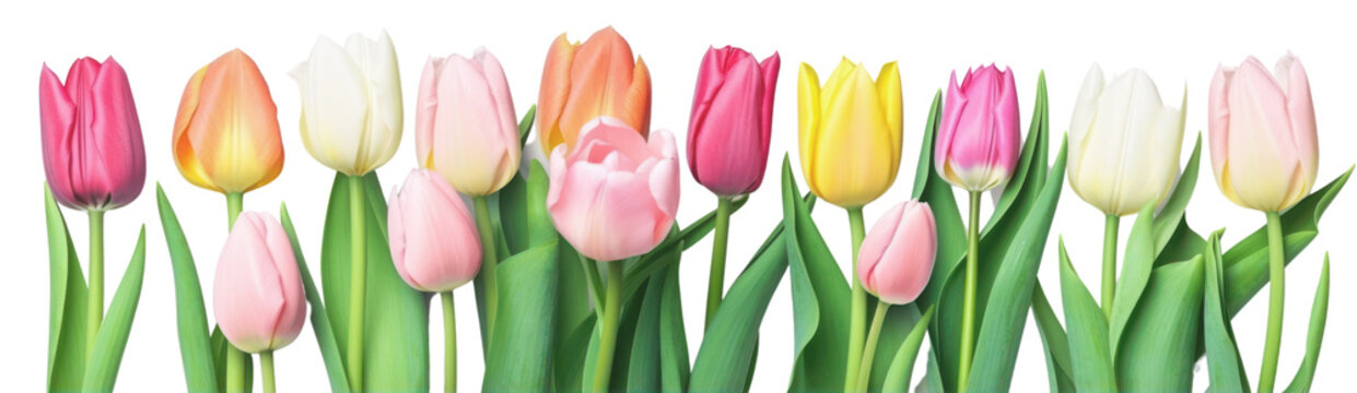 Pastel color tulips bunch isolated on transparent background. Mothers day, Women' s day banner. PNG, Generative AI