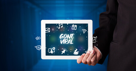 Person holding tablet, social network concept