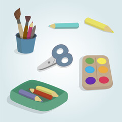 Materials for children 's creativity. Paints, colored pencils, scissors. Isolated on a white background.