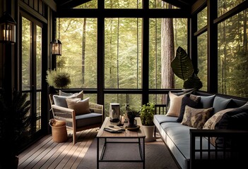 Contemporary screened porch with outdoor furnishings, leafy woodlands behind it. Innovative extension idea. Generative AI
