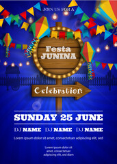 Festa Junina poster with colorful lanterns and pennants. Brazilian june festival background with wooden signboard - obrazy, fototapety, plakaty