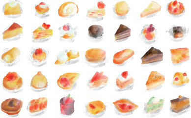 水彩 手描き ケーキ アイコン イラスト セット
