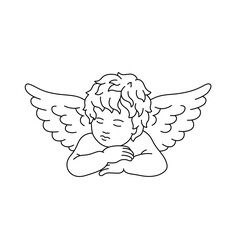 Vector isolated one single sitting sleeping curly boy angel cupid pose closed eyes colorless black and white contour line easy drawing