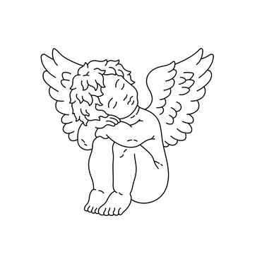 recommend clip art: Vector isolated one single sitting sleeping curly boy angel cupid pose closed eyes colorless black and white contour line easy drawing