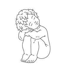 Vector isolated one single sitting,  sleeping curly boy pose closed eyes colorless black and white contour line easy drawing