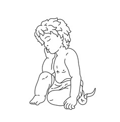 Vector isolated one single sitting,  sleeping curly boy pose closed eyes colorless black and white contour line easy drawing