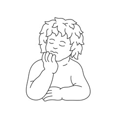 Vector isolated one single sitting,  sleeping curly boy pose closed eyes colorless black and white contour line easy drawing