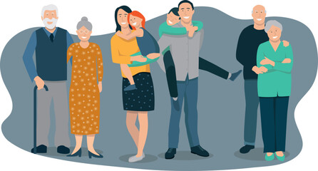 illustration vectorielle représentant un groupe de personnages, une famille composée de plusieurs générations, grands parents, enfants et petits enfants	