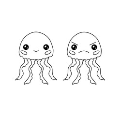 Vector isolated two pair couple funny cute cartoon jelly fishes smiling and angry colorless black and white contour line easy drawing
