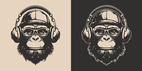 Set of vintage retro funky monkeys. Can be used for logo, emblem, poster, dadge design. Monochrome Graphic Art. Engraving vector illustration.