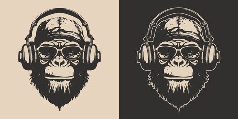 Set of vintage retro funky monkeys. Can be used for logo, emblem, poster, dadge design. Monochrome Graphic Art. Engraving vector illustration.