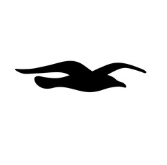 Vector isolated one single flying seagull with wings side view colorless black and white outline silhouette shadow shape