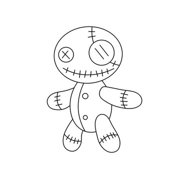 Vector isolated one single scary children soft textile toy scarecrow horror story colorless black and white contour line easy drawing