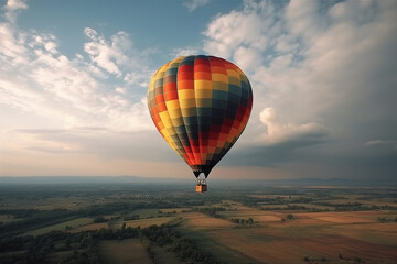 Colorful hot air balloon close-up on the background of a beautiful sky in the clouds. AI generated