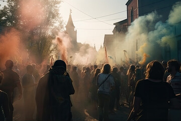 Obraz premium blurred people on holy festival created with Generative AI technology