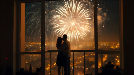 A couple in love embracing and standing by a window in front of fireworks