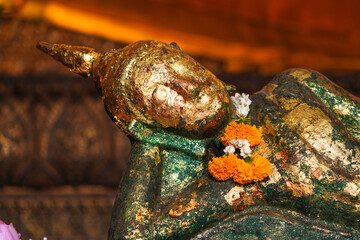 In Wat Pho Church, Bangkok, Thailand, there is a small church. which at some points there will be a golden reclining Buddha image