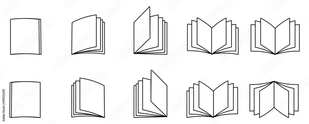 Poster Open book icon set, left and right side view of open book set of linear book icons on white background vector graphics eps10