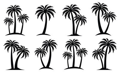 Black Palm Trees Set Isolated On White Background. Palm Silhouettes. Design Of Palm Trees For Posters, Banners And Promotional Items. Vector Illustration.  Palm Icon On White Background
