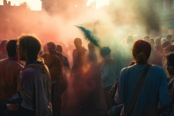 Fototapeta na wymiar blurred people on holy festival created with Generative AI technology