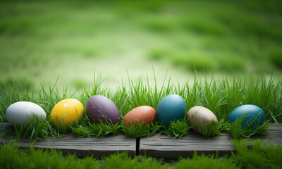 A collection of painted easter eggs celebrating a Happy Easter on a spring day with green grass meadow background with copy space and a rustic wooden bench to display products