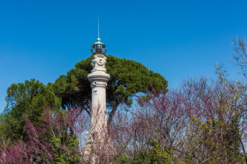 Fototapeta premium Rom, Italien, Apr. 2023 der Leuchtturm auf dem Gianicolo in Trasteverere mit Pinie vor sonnigem blauen Himmel