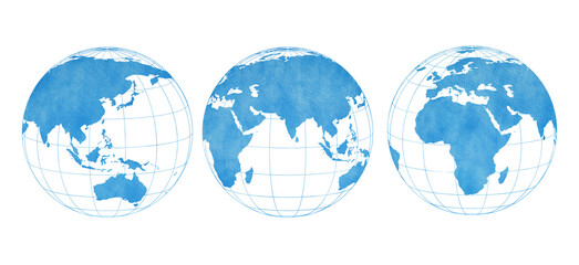 watercolor earth globe icons. earth hemispheres with continents.