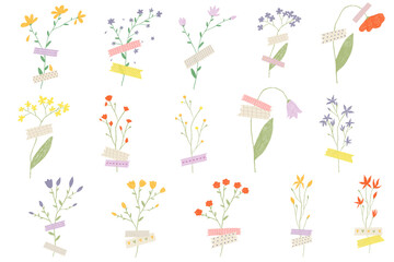 Set of hand drawn flowers with washi tape. Planner sticker set
