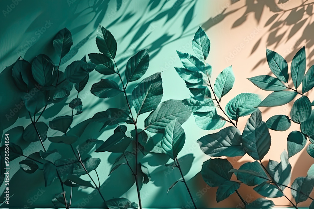 Poster abstract mint background with tree branches with leaves and shadows, created with generative ai