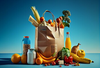 PNG image with groceries and blue sky, no background. Generative AI