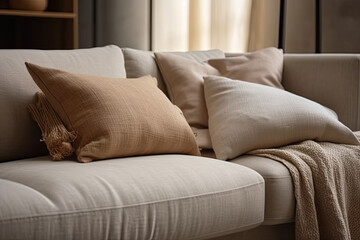 Close up light beige fabric sofa with warm cozy home interior. Pillows on beige sofa room decoration background, created with Generative AI