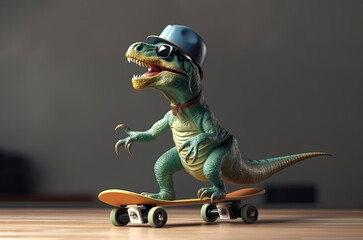 cool T-rex dino skateboarding in summer hat and sunglasses, created with Generative AI